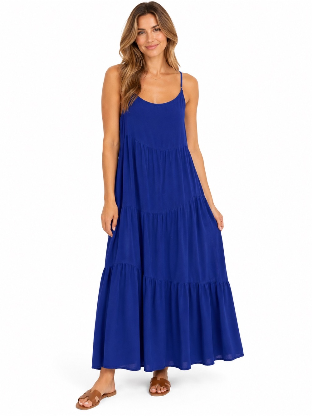 ANRABESS Cobalt Blue Tiered Maxi Dress Spaghetti Strap Size M